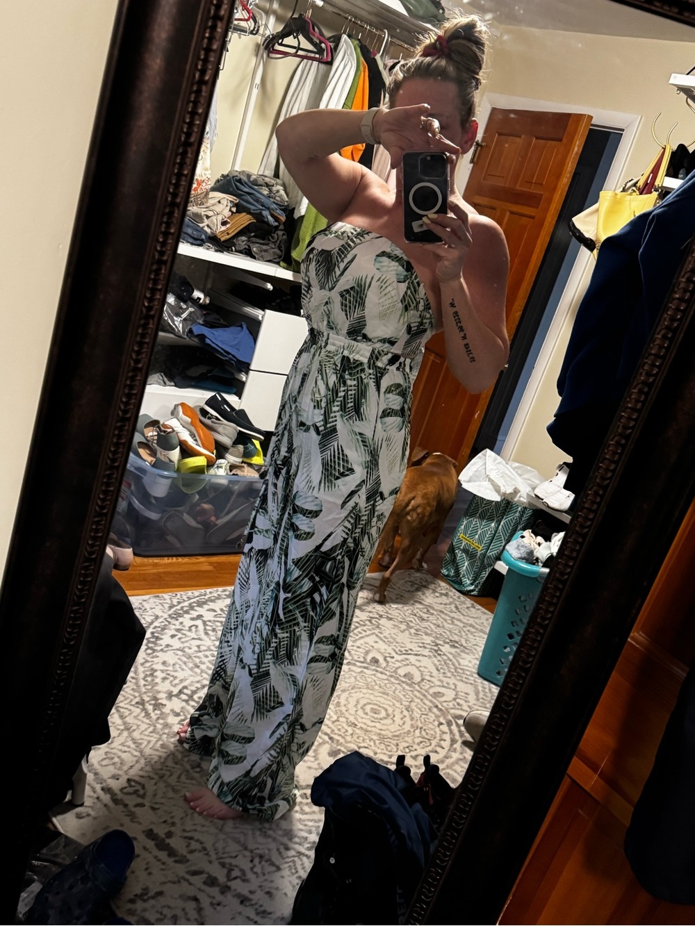 Fashion Nova White & Green Tropical Strapless Jumpsuit